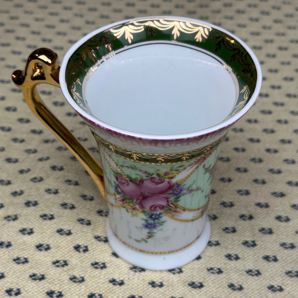 Nantucket‎ Home Porcelain Mug Gold Handle Floral Rose Green Trim Elegant